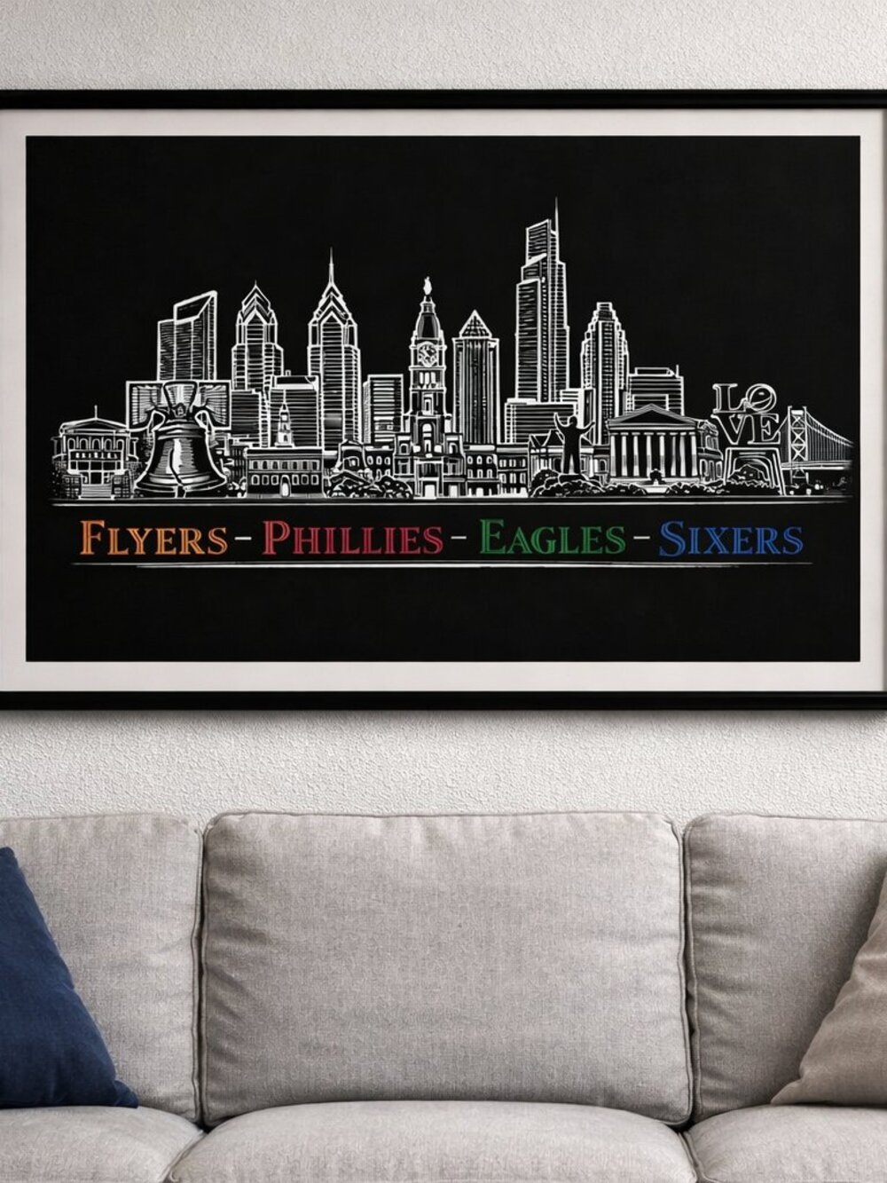 Philadelphia Skyline Sports Framed Wall Art  13x19 Eagles Phillies Sixers Flyers